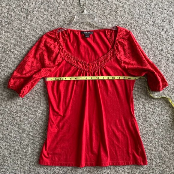 2/$20 Red Shirt with Eyelet Sleeves and Neckline - Size Medium - Picture 6 of 8